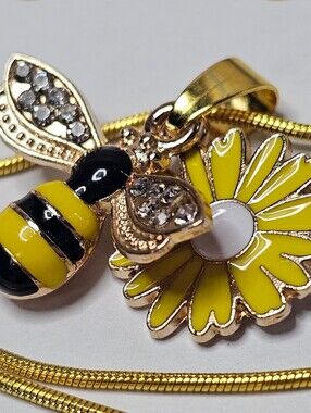 Yellow Enamel Bee and Daisy Pendant Necklace